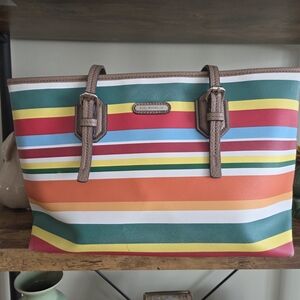 Dana Buchman Colorful Striped Tote with Brown Handles